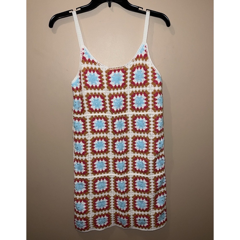 Willow Wind XS Womans Crochet Tank Summer Dress Pink White Granny Square Boho
